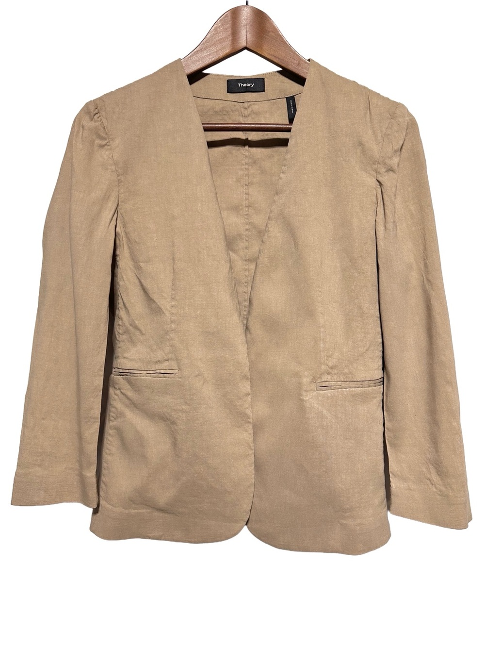 THEORY Linen Blend Collarless Blazer Minimalist Quiet Luxury Jacket